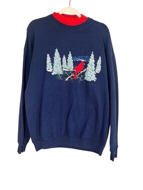 Vintage Cardinal Holiday Sweatshirt Blue L Christmas Holiday Retro Winter Granny